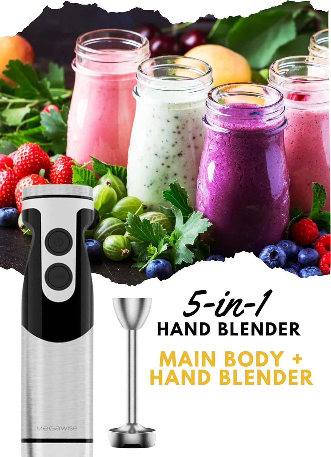 MegaWise Pro Titanium Reinforced 5-in-1 Immersion Hand Blender, Powerful 400W with 80% Sharper Blades, 12-Speed Corded Blender, Including 500ml Chopper, 600ml Beaker, Whisk and Milk Frother (Black)