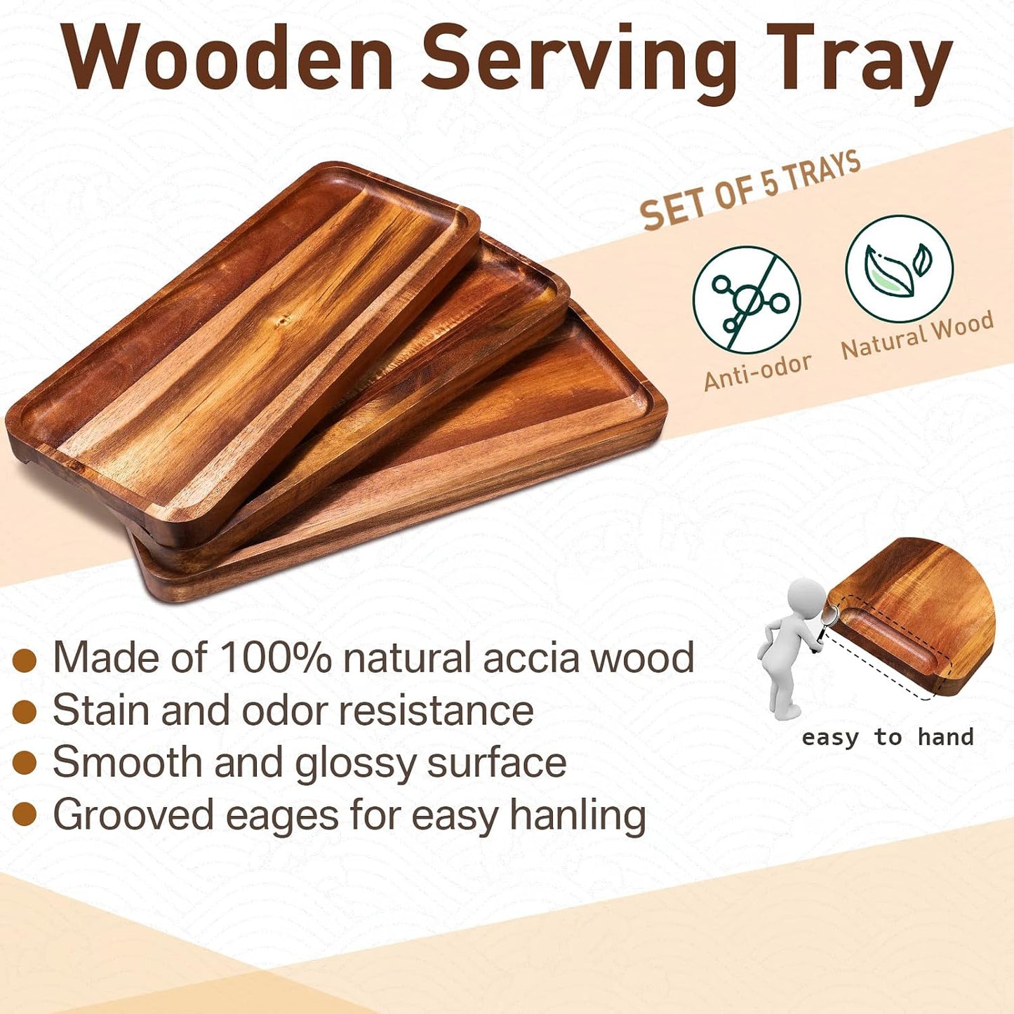 Roowest 5 Pack Solid Acacia Wood Serving Trays for Laser Engraving Rectangular Wooden Board for Food Appetizer Serving Tray Plates for Vegetables Fruit Cheese Housewarming Gifts(16 x 6.5 Inch)