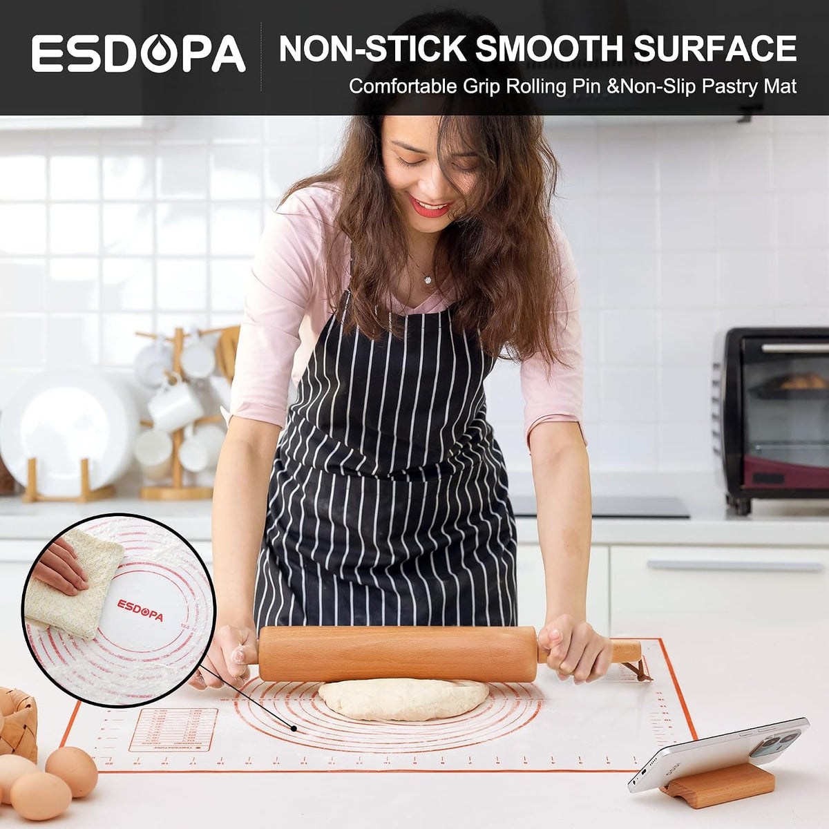 Classic Wood Rolling Pin - Wooden Rolling Pins for Baking Silicone Mat Set, Dough Roller with Wood Base, Fondant Roller for Pie Crust Cookies Pizza Dough and Bread, 17 Inch