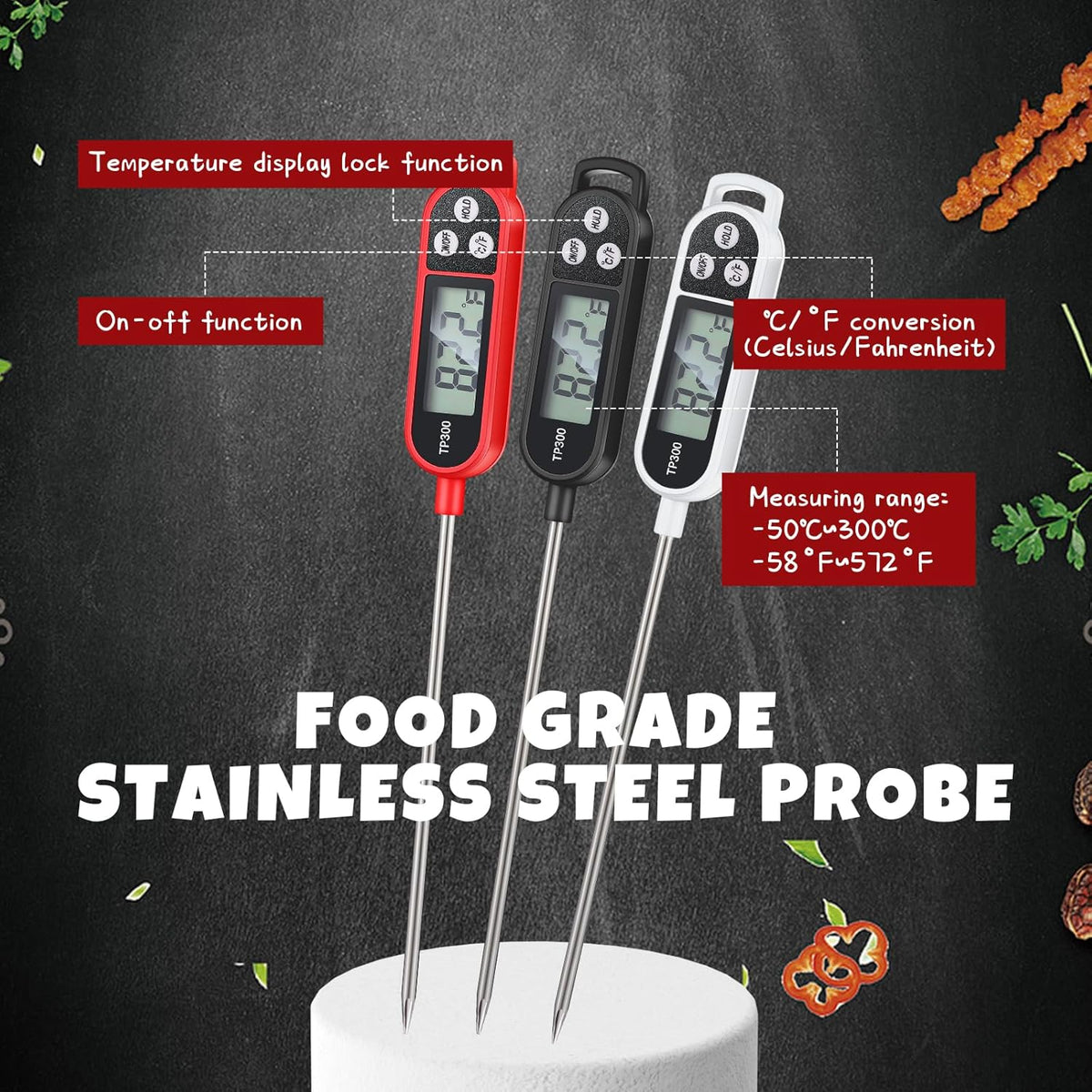 6 Pcs Food Thermometer Instant Read Probe BBQ,Black,White,Red | Meat Water Liquid Digital Waterproof Thermometer Kitchen Cooking Supplies for Cooking Milk Yogurt