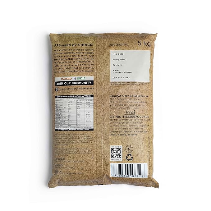 Two Brothers Organic Farms - Khapli Wheat Flour (5kg) | Low-Gluten Wheat Flour | High Dietary Fiber for Easy Digestion | Stoneground Emmer | Khapli Atta | Organic Atta (Pack of 1 kg x 5)