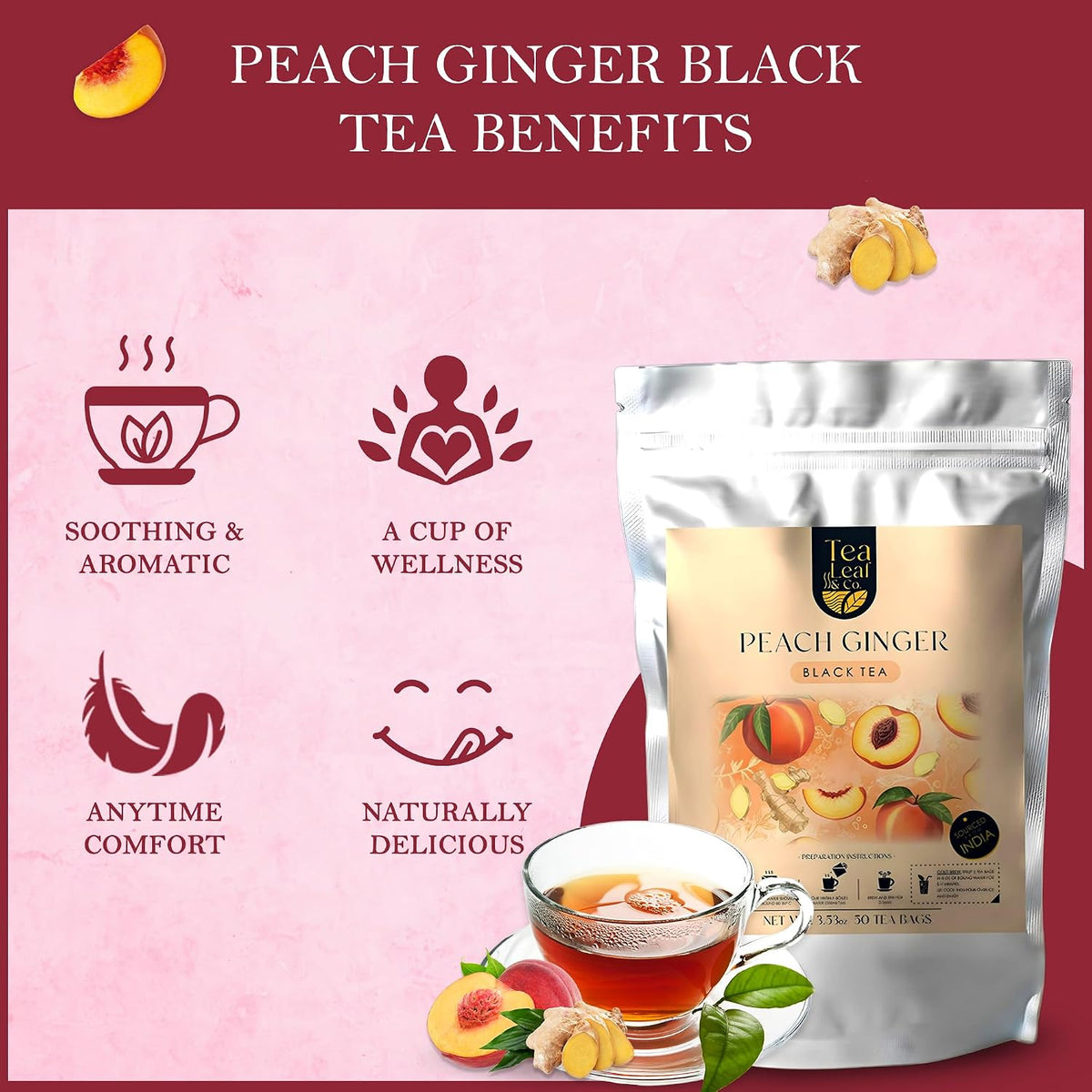 Peach Ginger Black Tea 100gm/3.5oz, Natural Herbal Infusion, 50 Tea Bags