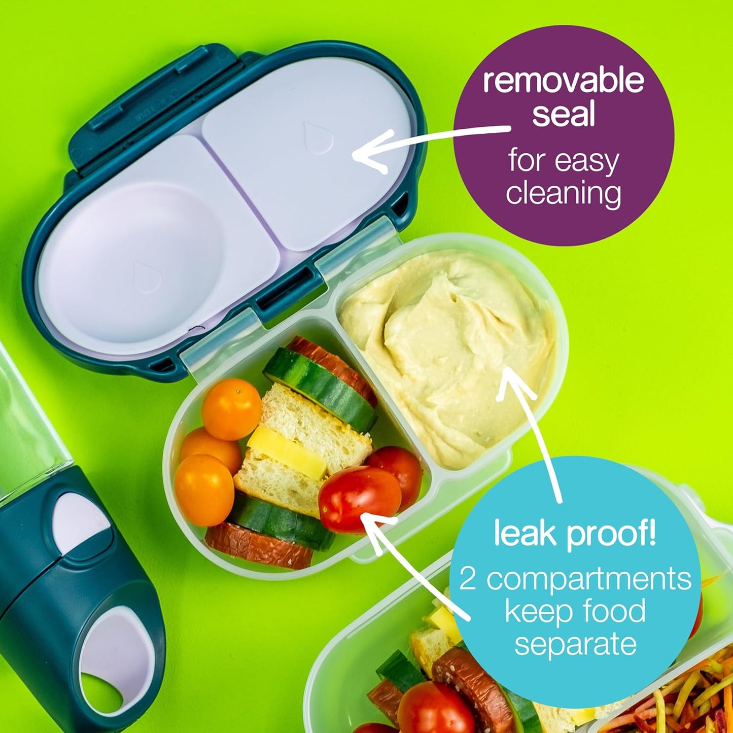 b.box Snack Box for Kids & Toddlers: 2 Compartment Snack Containers, Mini Bento Box, Lunch Box. Leak Proof, BPA free, Dishwasher safe. School Supplies. Ages 4 months+ (Blue Slate, 12oz capacity)