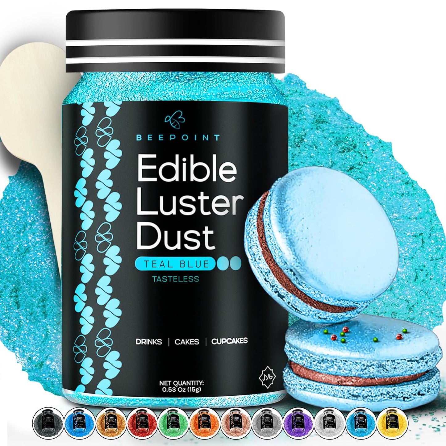 BeePoint Teal Blue Edible Luster Dust 15g - Food Grade, Vibrant Color Shimmer Powdered Dust for Drin