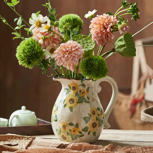 Vintage Vase with Handle, 7.6 Inch Ceramic Pitcher Sunflower Floral Vase, Rustic Farmhouse Vases for Grandma Core Home