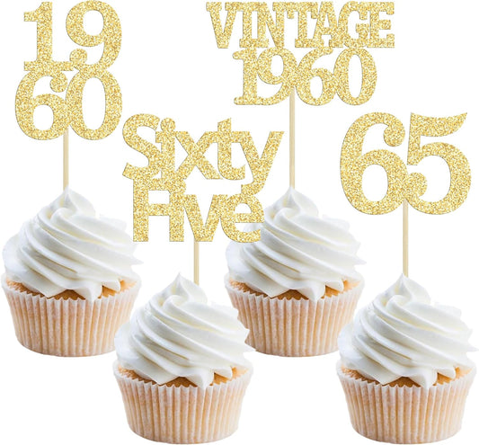 Gyufise 24Pcs 65th Birthday Cupcake Toppers Glitter Cheers to 65 Fabulous Sixty Five Vintage 1960 Cupcake Picks 65th