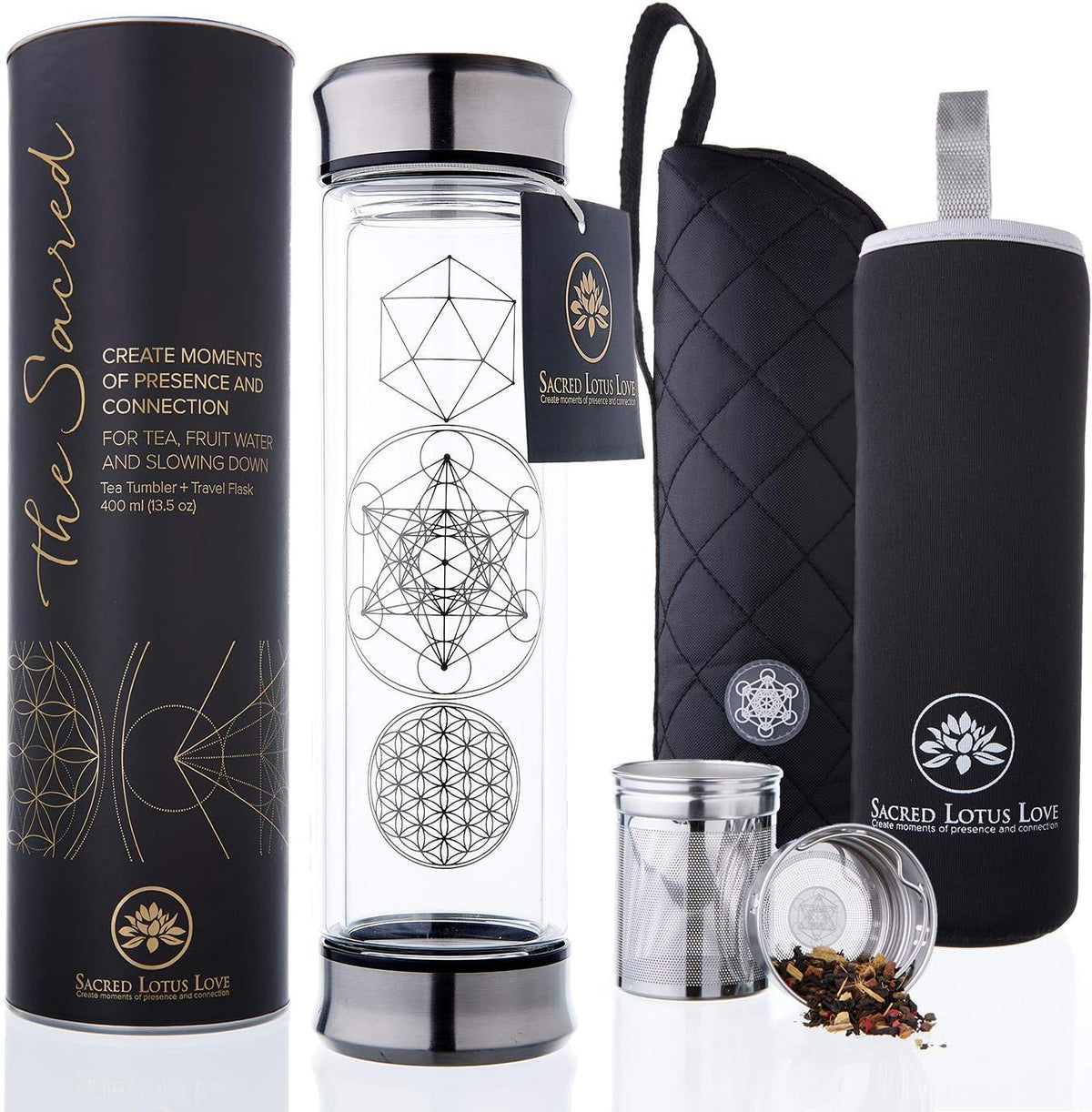 Sacred Lotus Love Double-Walled Glass Tea Infuser Bottle 14oz Portable Travel Mug with Strainer and Sleeve for Loose Leaf Tea, Coffee, Smoothies - Insulated Tumbler with Lid for Hot and Iced Beverages
