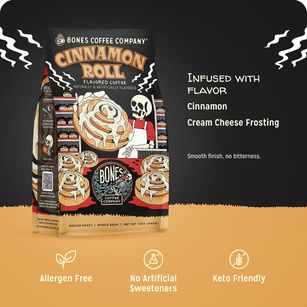 Bones Coffee Company Cinnamon Roll Flavored Coffee, Medium Roast Low Acid Arabica Beans Compatible with Auto drip and French Press Coffee Maker, 12 Oz Ground