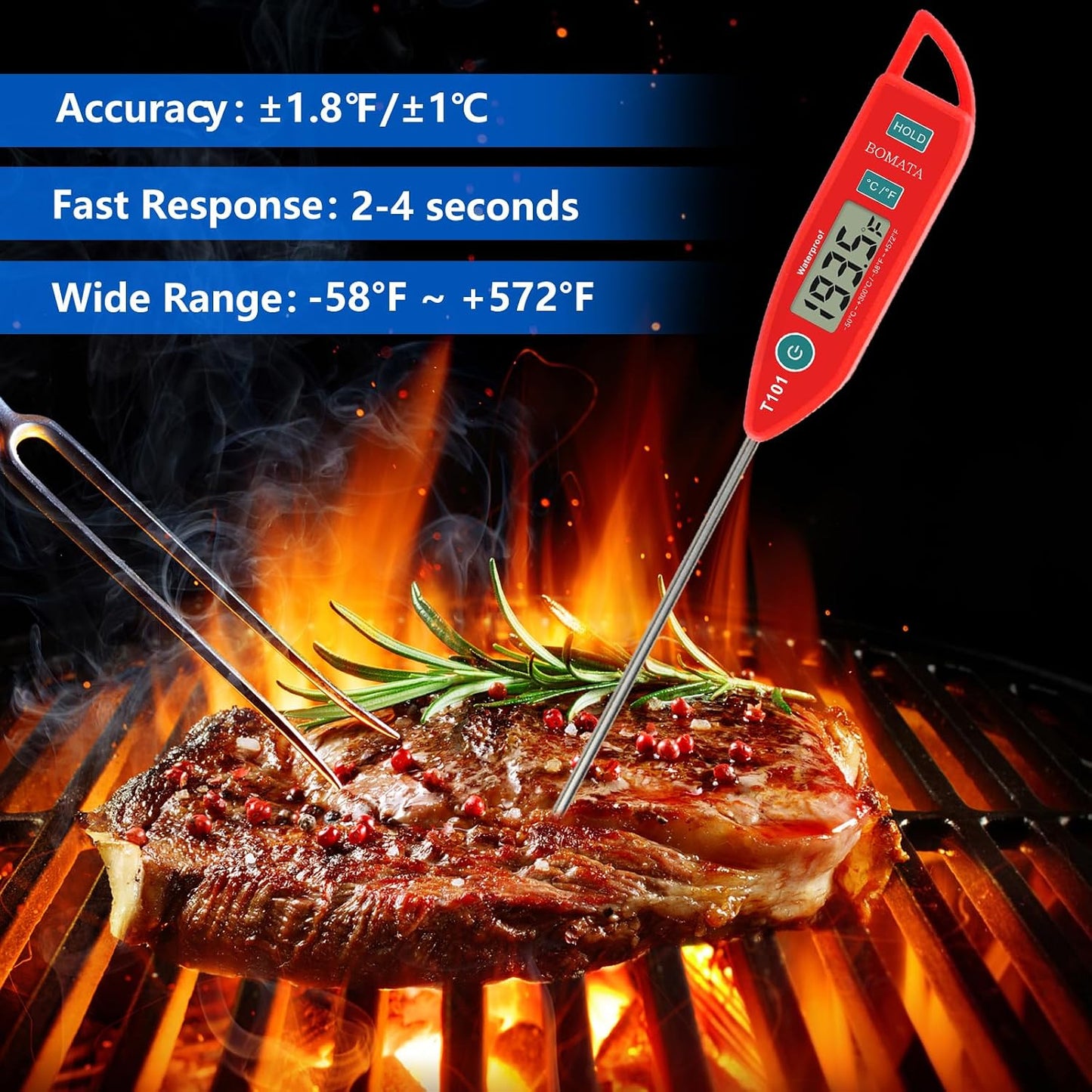 BOMATA 6 Pack Waterproof IPX7 Meat Thermometer, Food Thermometer | Instant Read, Long Probe for Water, Liquid, Kitchen Cooking, Grill,BBQ ! T101 X 6 Pcs (Black &amp; Red &amp; White)…