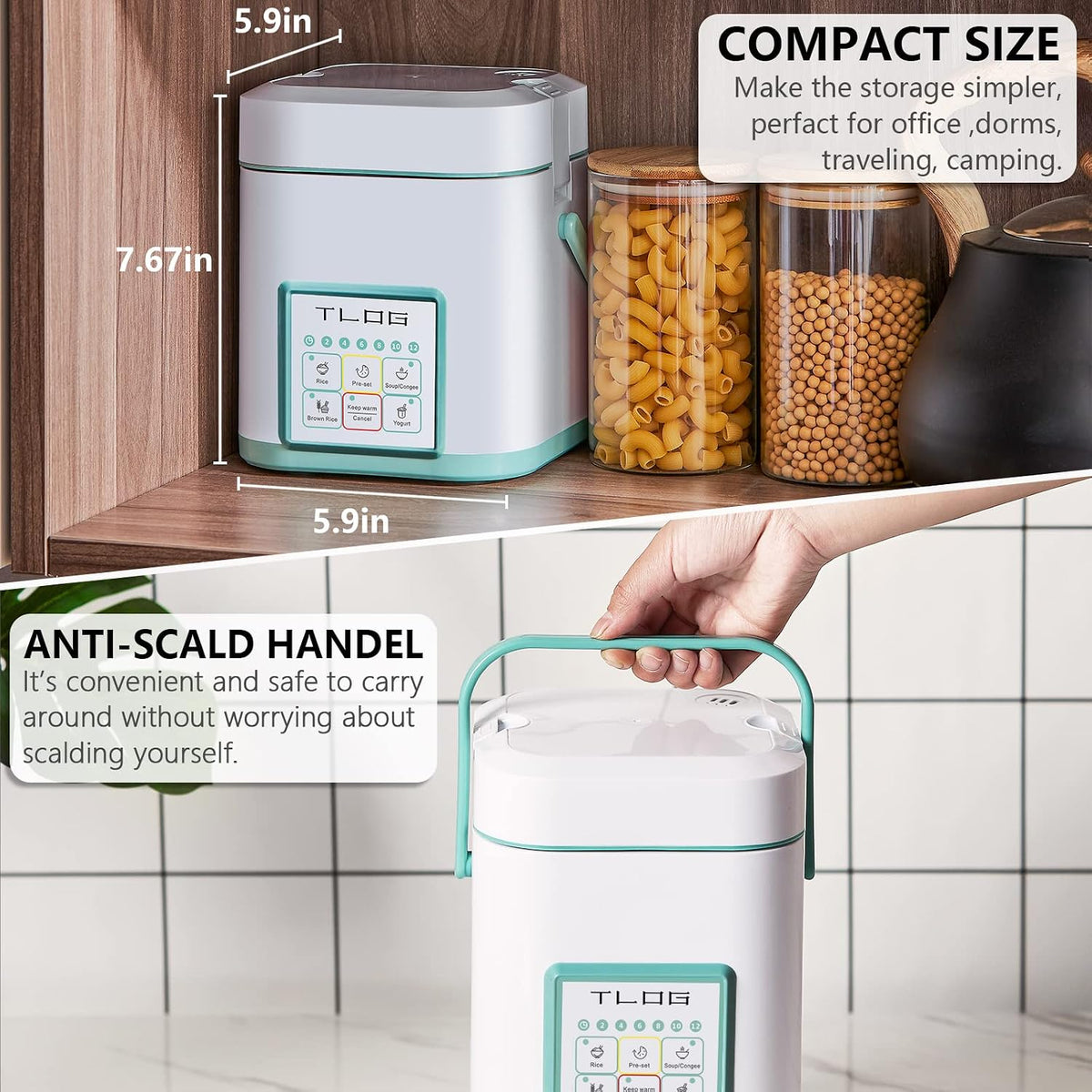 TLOG Mini Rice Cooker, 1.2L with Ceramic-Coated Pot, 2.5-Cup Uncooked