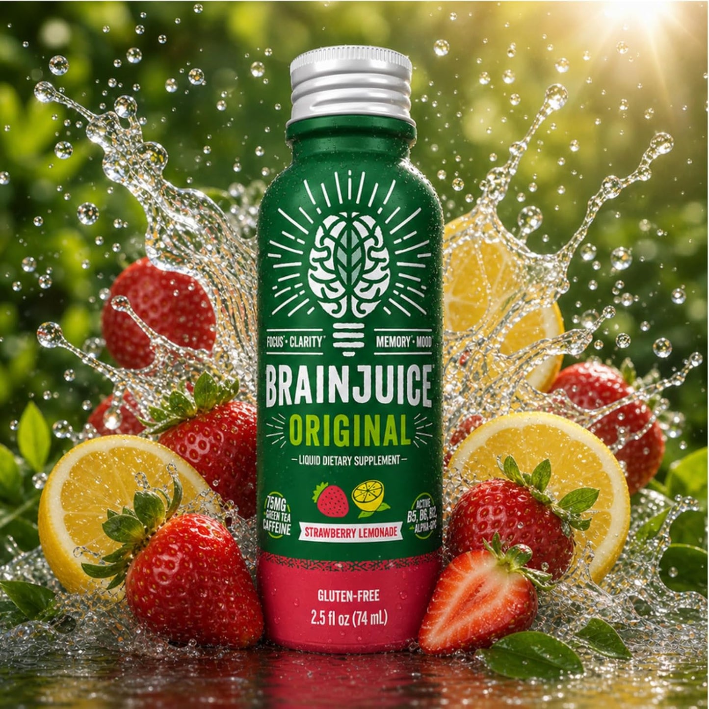 BrainJuice Strawberry Lemonade Nootropic Supplement Shot, 2.5 fl oz, 12 Pack