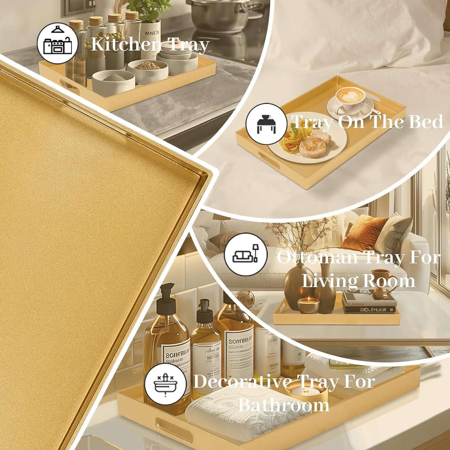 MAONAME Gold Decorative Tray for Coffee Table, Serving Tray with Handles | Plastic Melamine Tray, Modern Ottoman Tray, Rectangular Countertop Organizer Tray for Living Room, 15.8"L x 10.2"W x 1.4"H