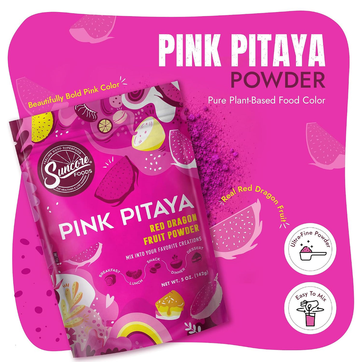 Suncore Foods Pink Pitaya Powder 5oz (Dragon Fruit) | Gluten Free | Vegan | Natural Pink Food Coloring, For Baking, Frosting, Desserts, Smoothies, Red Dragon Fruit Syrup, Non-GMO, Resealable Pouch