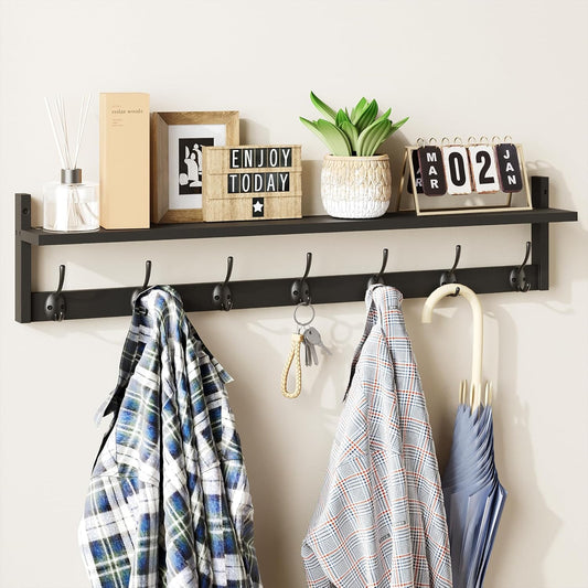 BAMEOS 35 Inch Wall Hooks With Shelf - Entryway Hanging Wood Coat Rack With 7 Dual Hooks for Bathroom, Living Room, Bedroom