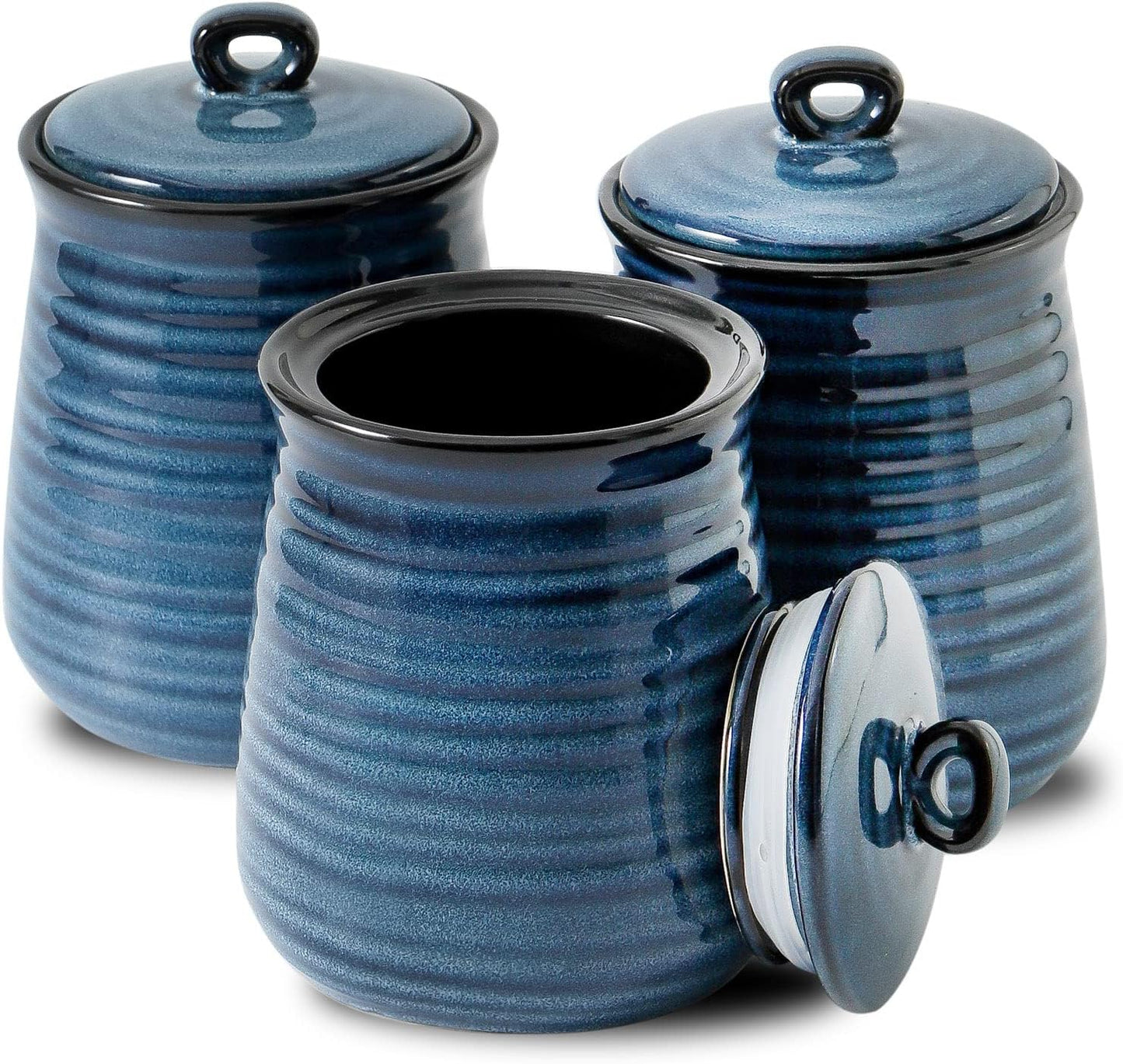 HASENSE Ceramic Food Storage Jars Set of 3,25 FL OZ Kitchen Canisters with Airtight Lids, Coffee,Tea and Sugar Containers, Farmhouse Decor for Kitchen, Blue