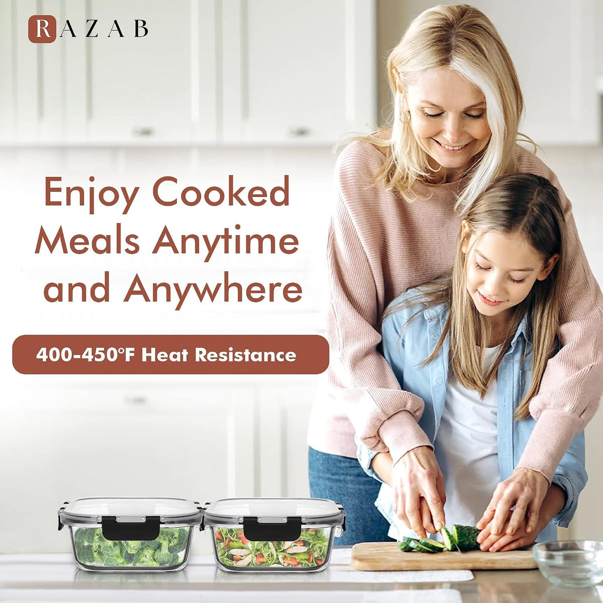 Razab 2 PC 1200ML / 41 Oz Glass Food Storage Containers with Lids - Airtight &amp; Leakproof - Microwave/Oven/Freezer Safe - BPA Free - Ideal for Meal Prep, Storing Leftover &amp; Lunch