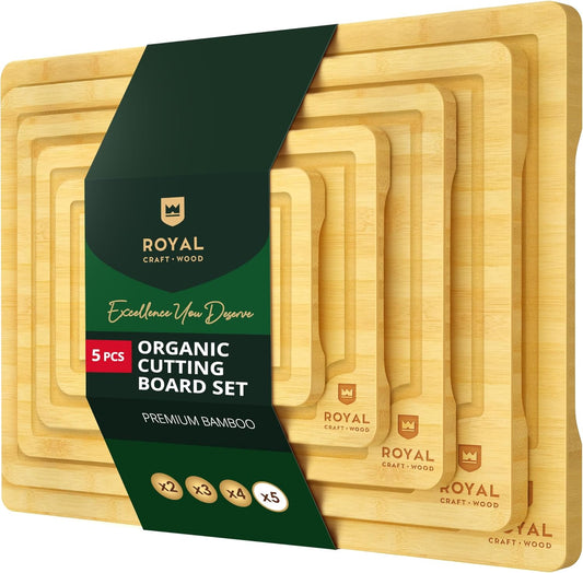 ROYAL CRAFT WOOD Wooden Serving Boards for Kitchen Meal Prep&Bamboo Wood Cutting Board Set with Deep Juice Groove Side