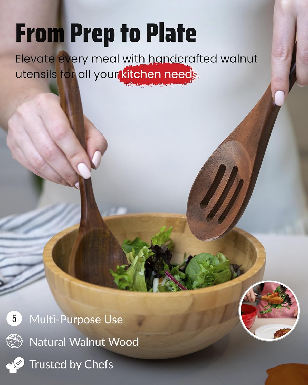 Elegant 5-Piece Walnut Wood Kitchen Utensil Set – Non-Scratch, Heat-Resistant Cooking Utensil Set with Kitchen Tongs, Spoons, Spatula &amp; Ladle – Lightweight, Durable &amp; Perfect for Daily Use or Gifting