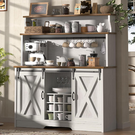 Farmhouse Coffee Bar Cabinet with 3 Tier Storage Hutch, 47'' Coffee Bar Station with Sliding Barn Door, Hutch Storage