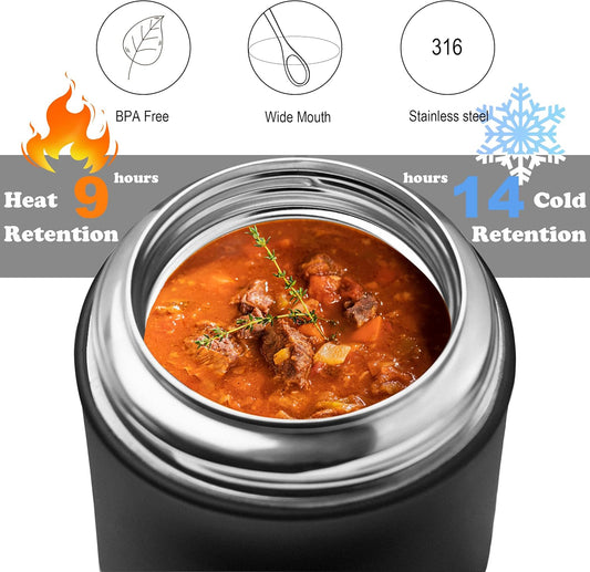 Thermo for Hot Food &amp; Drinks, Thermo Lunch Box, 17oz Vacuum Insulated Food Container with Spoon&amp;Drawstring Bag, Soup Thermo for Adults, Black