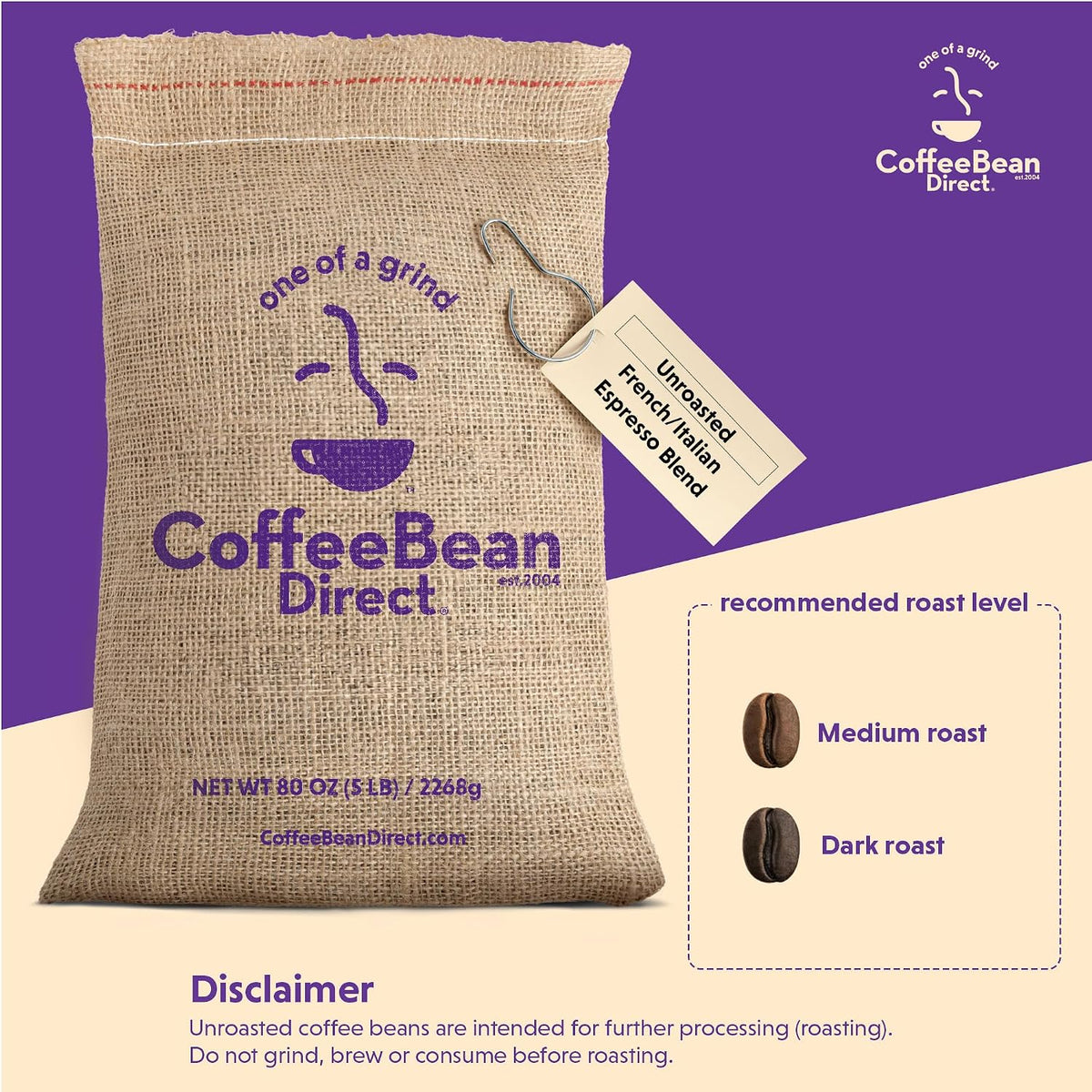 Coffee Bean Direct Unroasted French/Italian Espresso Blend, 5lb Bag | Raw Coffee Beans for Home Roasting