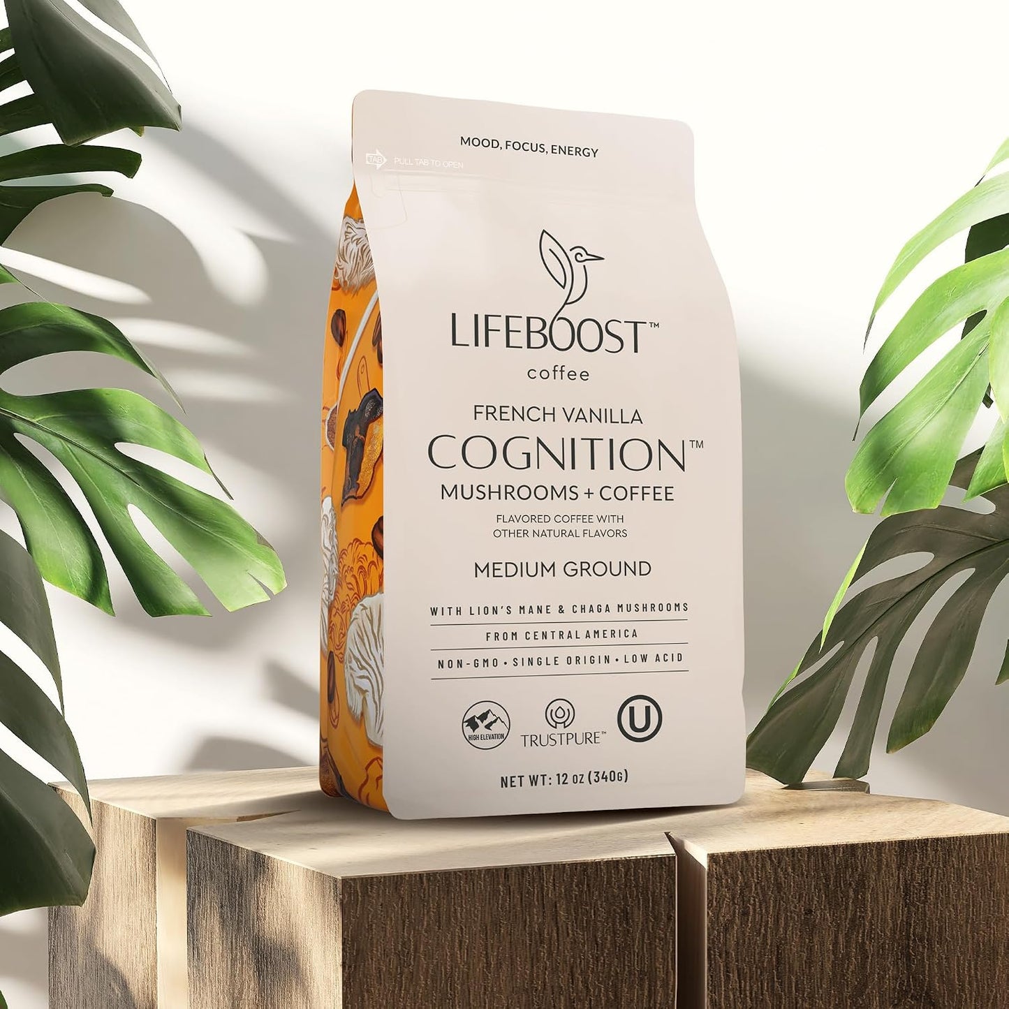 Lifeboost French Vanilla Cognition Mushroom Coffee - Low Acid Medium Organic Coffee with Nootropic Lions Mane &amp; Chaga Mushrooms - Increase Energy, Boost Focus &amp; Immune Support - 12 oz Bag - Ground