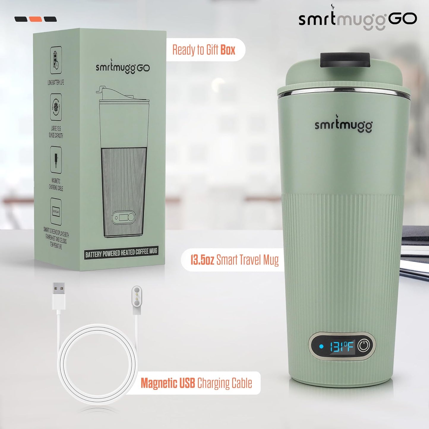 SmrtMugg GO Heated Coffee Mug, Travel Mug, 13.5 OZ. Smart Mug, Battery Powered Heated Coffee Mug, Great for Coffee and Tea, Snap on Magnetic Charging Cord, New and Improved (Mint Green)
