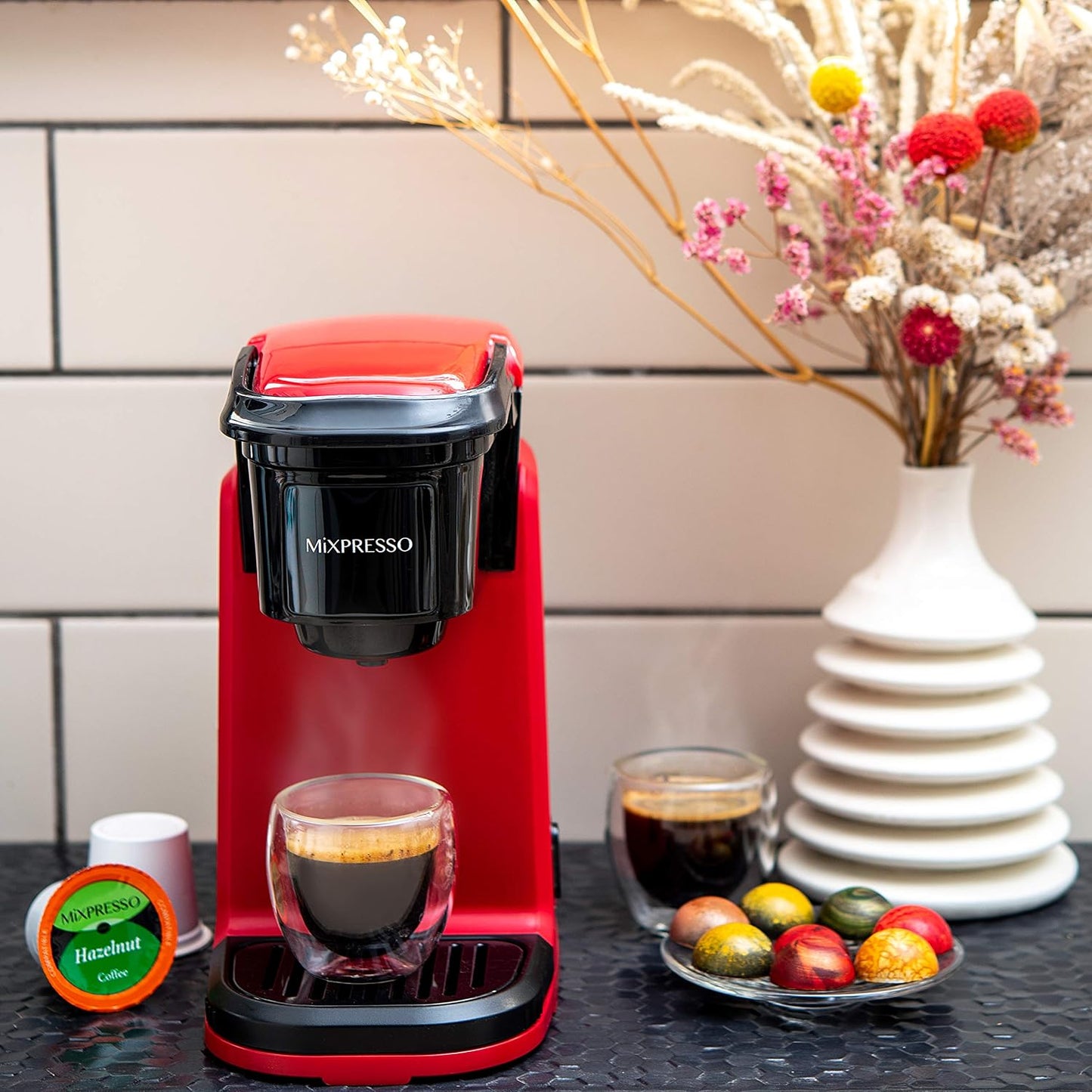 Mixpresso Single Serve Coffee Maker K Cup Coffee Maker for K Pods &amp; Grounds | Compact 800W Red Coffee Machine with 12 Oz Water Tank, Fast Brew &amp; Auto Shut-Off, Small Design for Travel, Office, RV &amp; Dorm