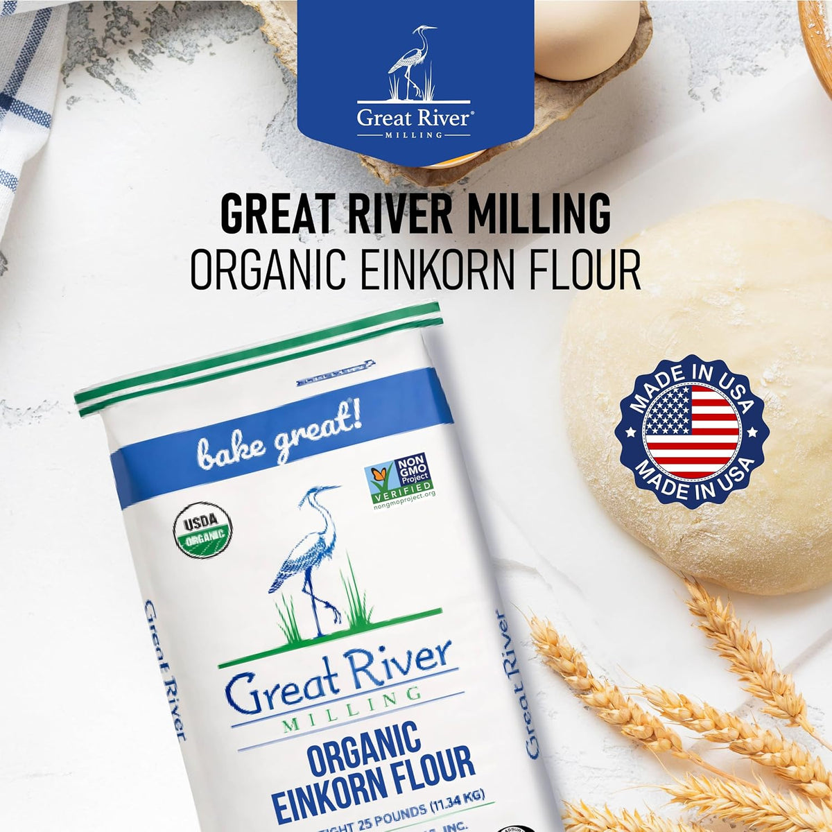 Great River Milling Organic Einkorn Flour, Ancient Grain, 25 lb | Organic Einkorn Flour for sourdough, sandwich loaves, rolls, pizza dough, muffins and rustic baking; hearty wheat flavor