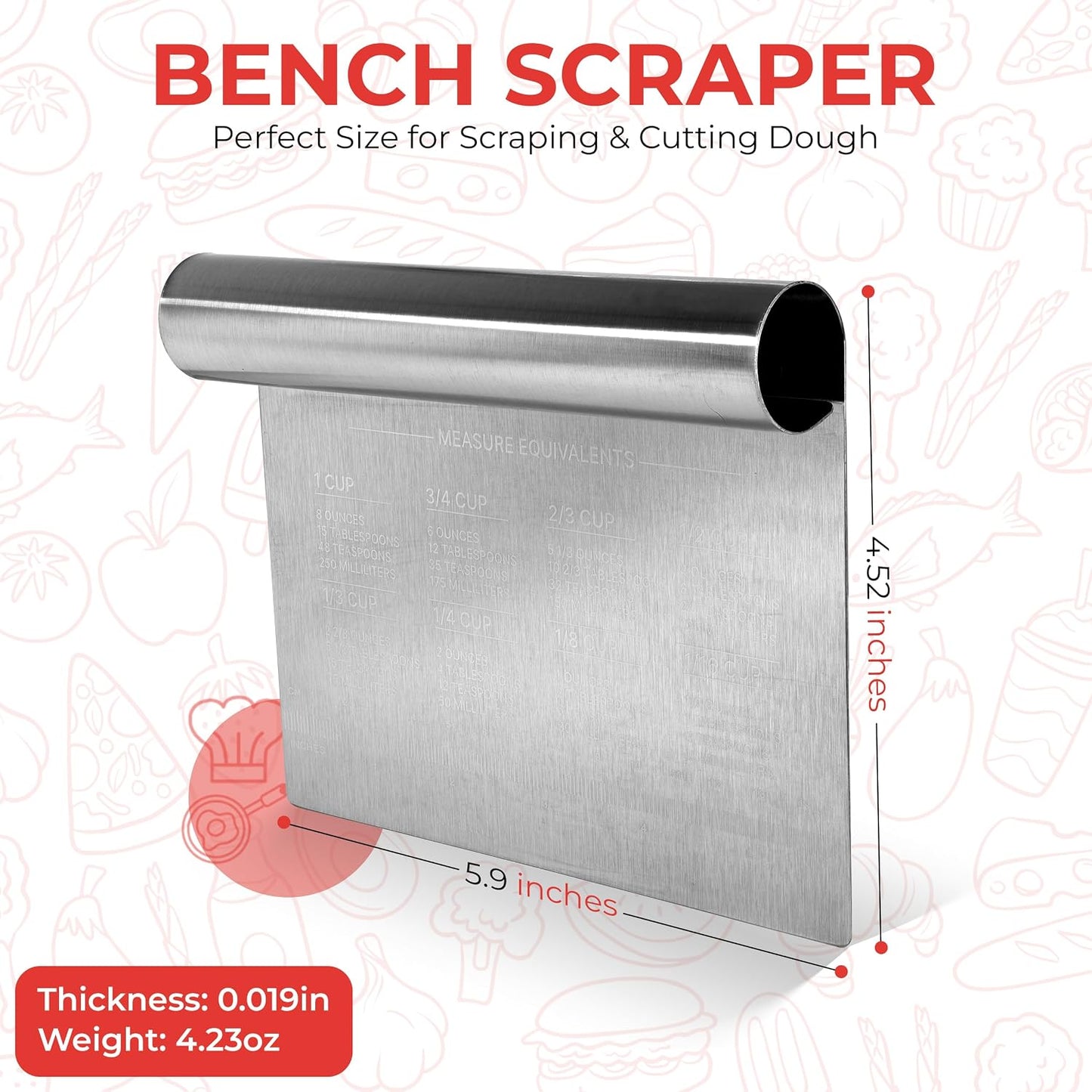 Bench Scraper for Baking, Food Scraper Stainless Steel Blade Dough Cutter with Engraved Measuring Guide &amp; Equivalent Chart, Scraper Tool kitchen Use for Scrapping, Cutting, Chopping, 2 Pack -by RamPro