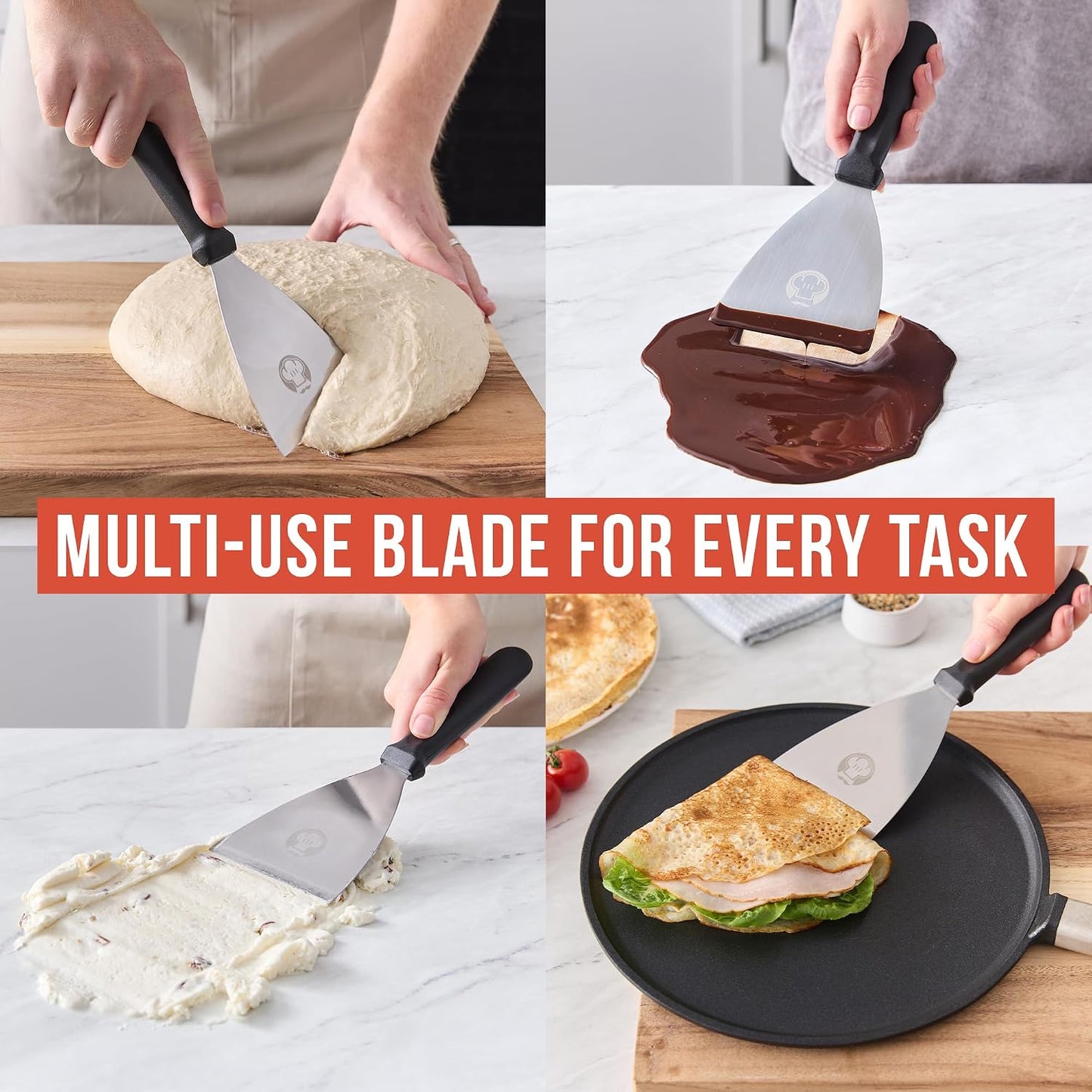 Chef Pomodoro Stainless Steel Bench Scraper, Pizza Dough Cutter, 4 inch | Non-Slip Grip, Cuts Dough, Portions Bread, Chops Veggies, Rust-Resistant, Dishwasher Safe, Metric &amp; Imperial Measurements