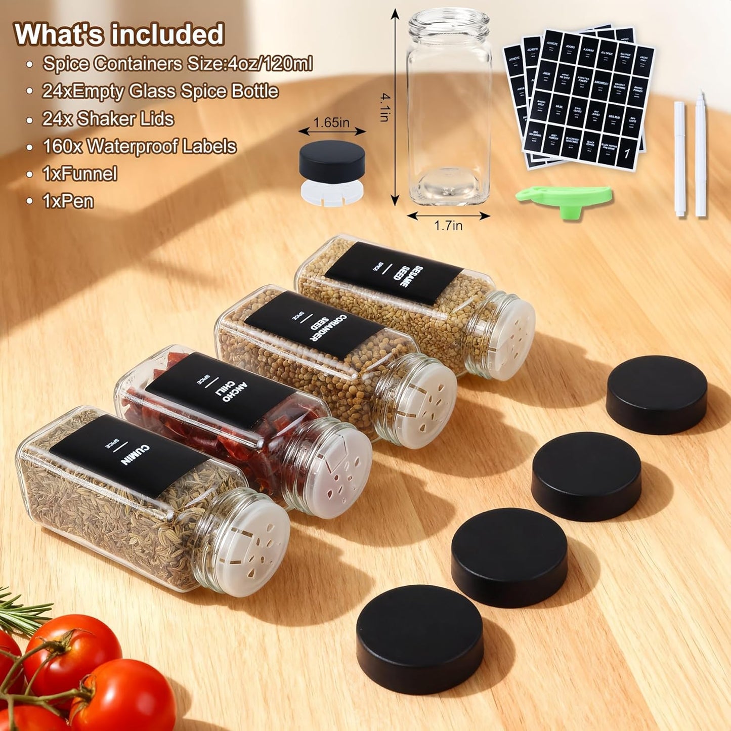 36 Spice Jars with Labels, 4 oz Seasoning Jars for Cabinets, Drawers, Racks