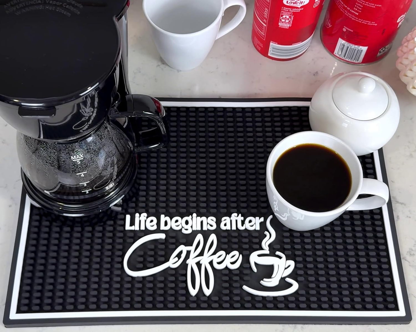 Life Begins After Coffee Silicone Bar Mat 18x12 in, Funny Mom Gift, Coffee Lover Gift for Women and Men, Non-Slip Espresso Machine Mat, Coffee Bar Station Decor, Hostess Gift