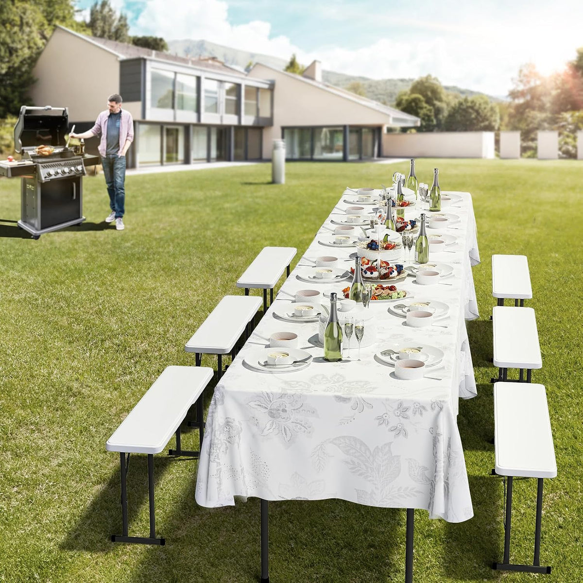 VINGLI Picnic Table Set with 2 Benches, 6 Feet Camping Table Chair Set, Heavy-Duty HDPE Material with Metal Frame, 3-Piece Folding Furniture for Indoor or Outdoor Use (3.5ft White)