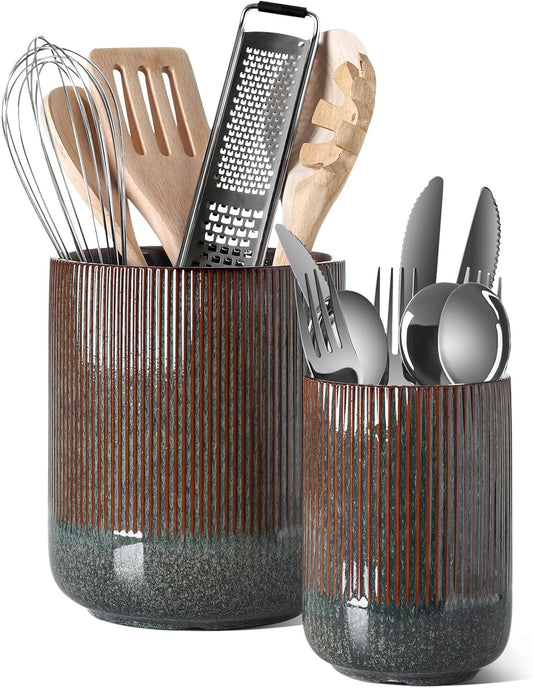 LE TAUCI Utensil Holder, 7.3"+5.4" Ceramic Kitchen Utensil Holder for Countertop, Black Cooking Utensil Crocks for Kitchen