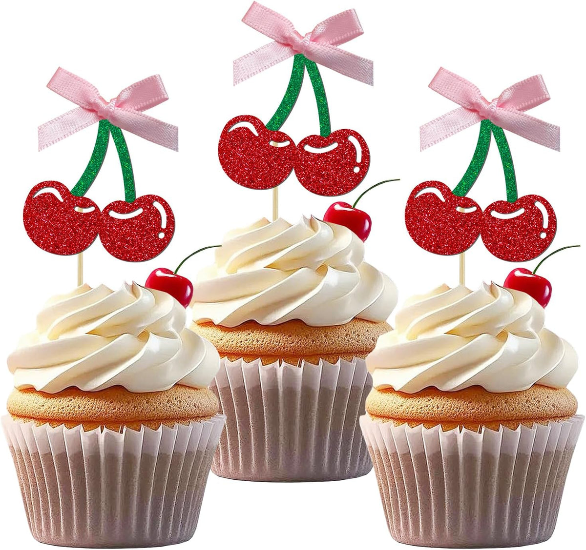 24 Pack Cherry Cupcake Toppers, Glitter Sweet Cherry Cupcake Pick | Fruits Theme Baby Shower and Bridal Shower Decorations Supplies