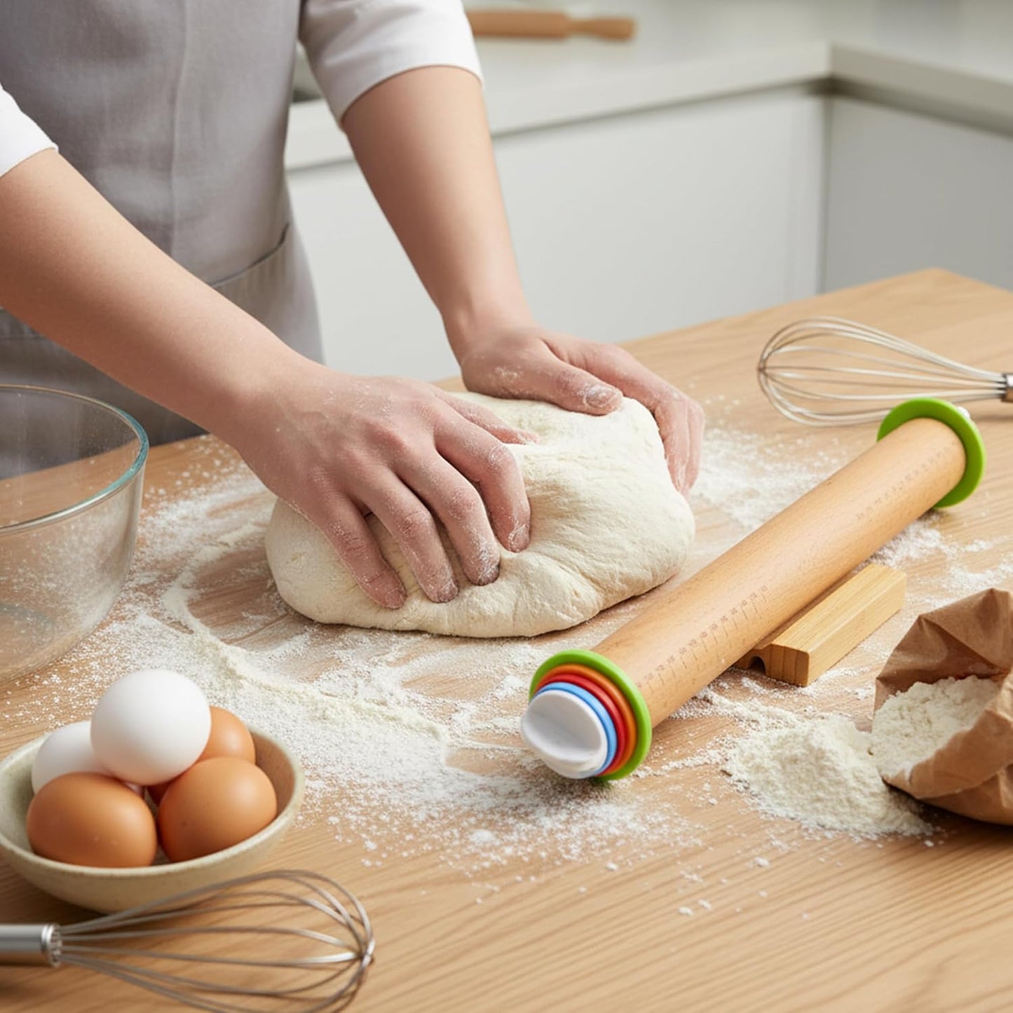 Adjustable Rolling Pin with Thickness Rings, 17 Inch Wood Roller