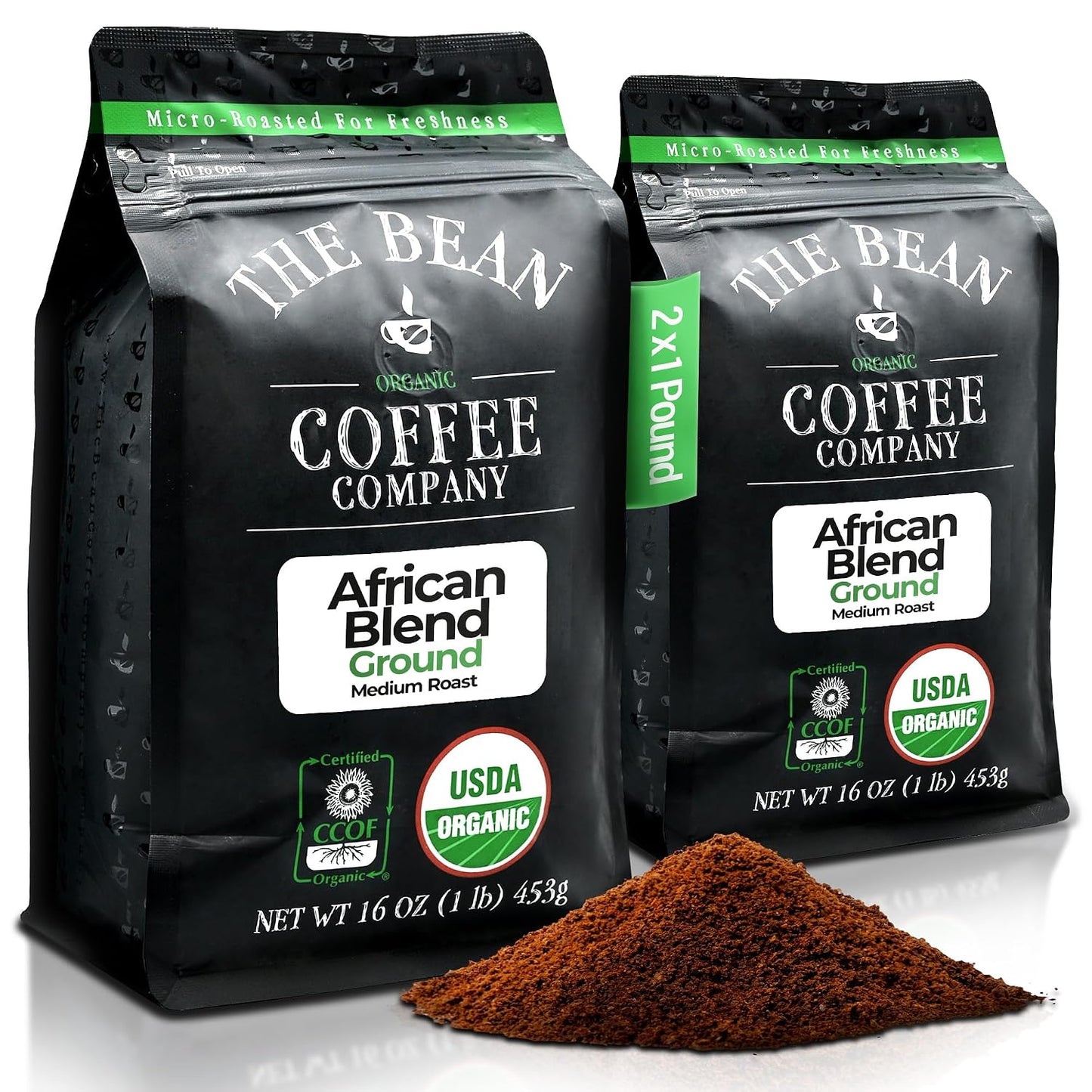 The Bean Organic Coffee Co. African Blend, Medium Roast, Ground, 2 x 1 lb | Bright, smooth African coffee, floral and citrus. Organic ground coffee. Medium Roast. 2 x 1 lb.