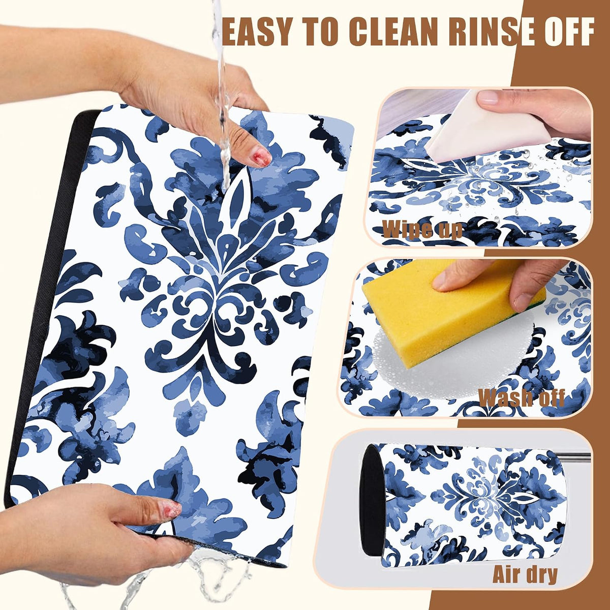 Blue Damask Flower Dish Drying Mat for Kitchen Counter Bar Mat Hide Stain Absorbent Rubber Backed Coffee Maker Espresso Machine Bar Accessories 11.8 x 19.7 Inch