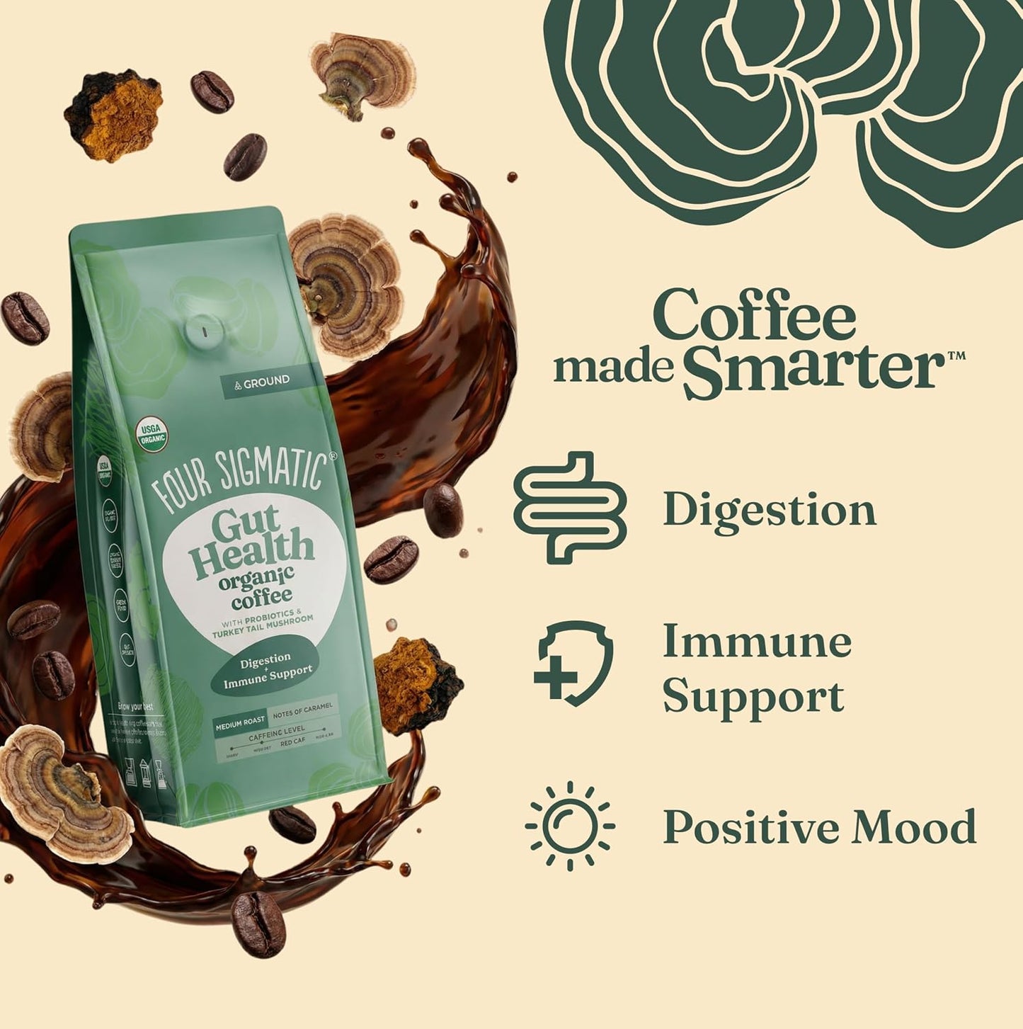 Four Sigmatic Gut Health Organic Ground Coffee | Medium Roast, Immune Boosting Probiotic Mushroom Coffee with Chaga &amp; Turkey Tail for Gut Health &amp; Immune Support | 12oz Bag