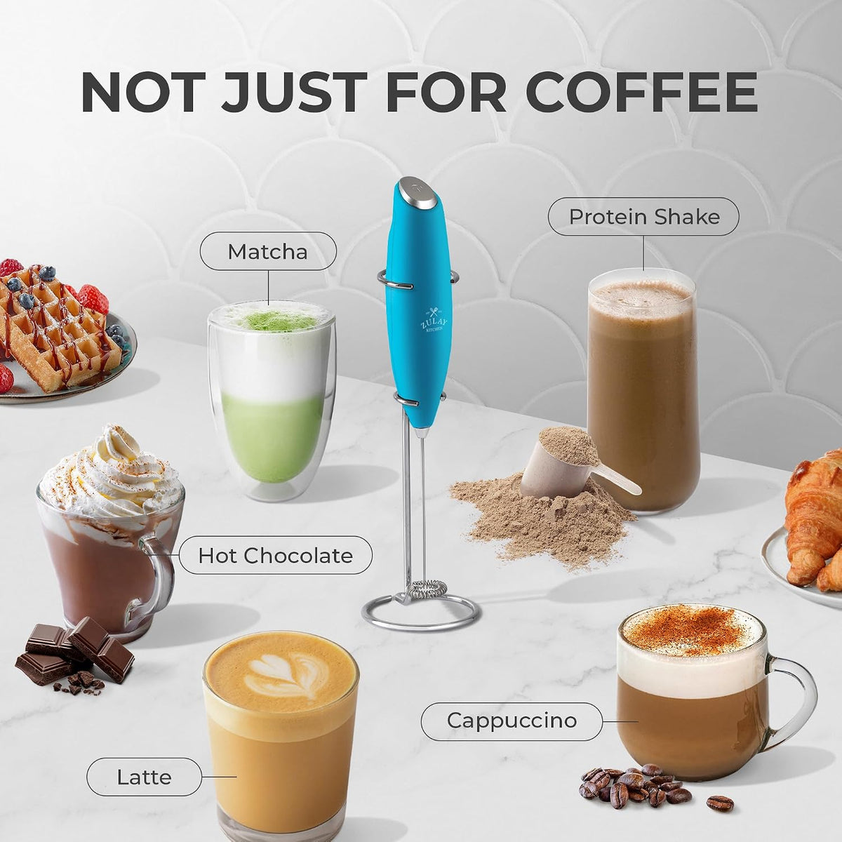 Zulay Kitchen Powerful Milk Frother Wand With Duracell Batteries - Ultra Fast Handheld Drink Mixer - Electric Whisk Foam Maker for Coffee, Lattes, Cappuccino &amp; Matcha - Z1 Motor - Blue Teal