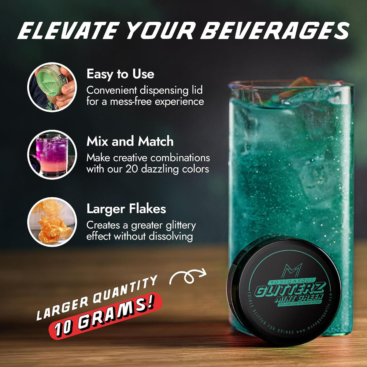MONÉGASQUE Mint Green Edible Glitter for Drinks &amp; Cakes, Drink Glitter, 10g