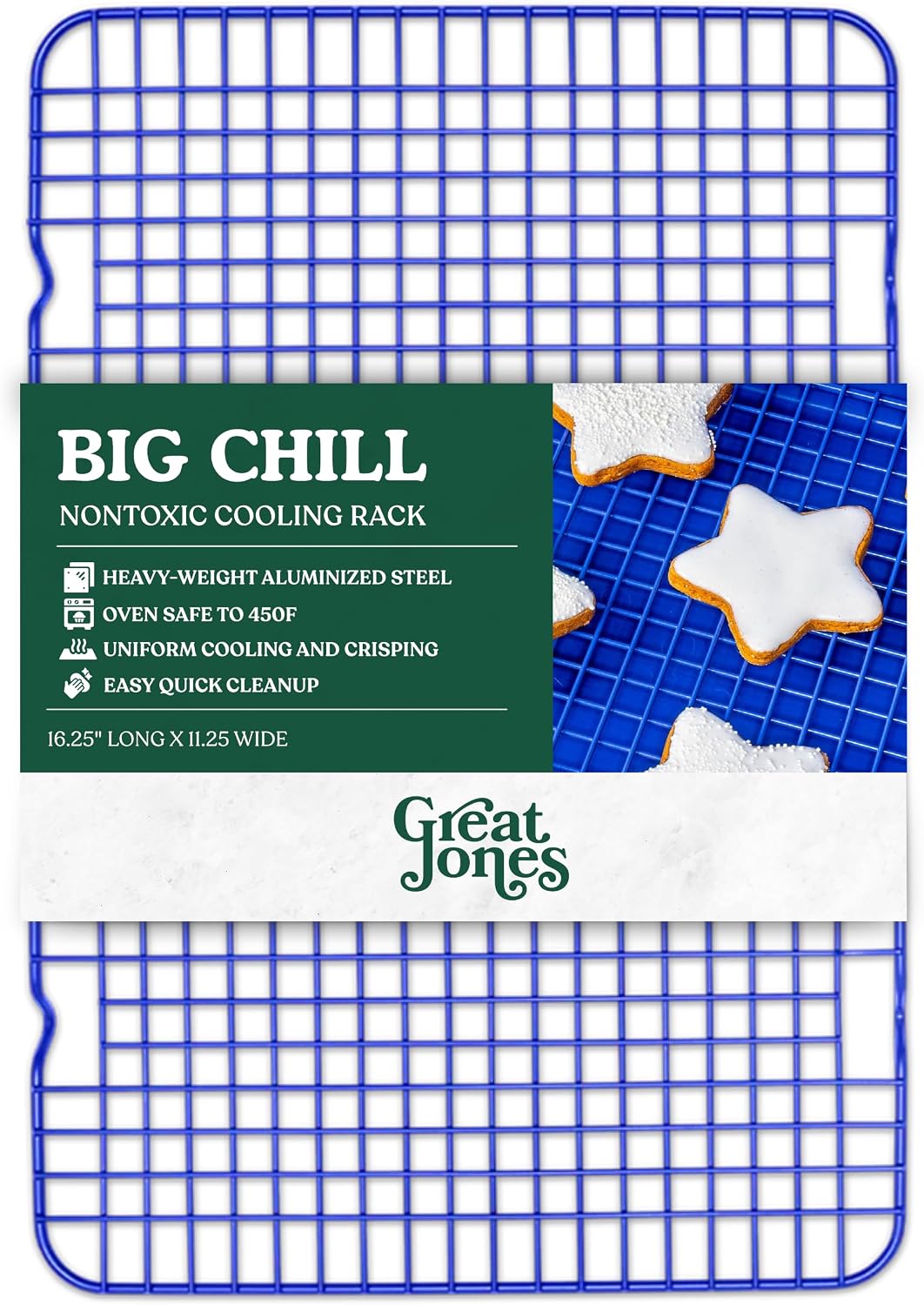 Great Jones Non Stick Wire Cooling Rack (Blueberry) – Fits Half Sheet | 16.9" × 11.4" Non Toxic Baking Rack, Heavy-Weight Aluminized Steel, Oven Safe 450 °F, Bacon &amp; Cookie Cooling Rack
