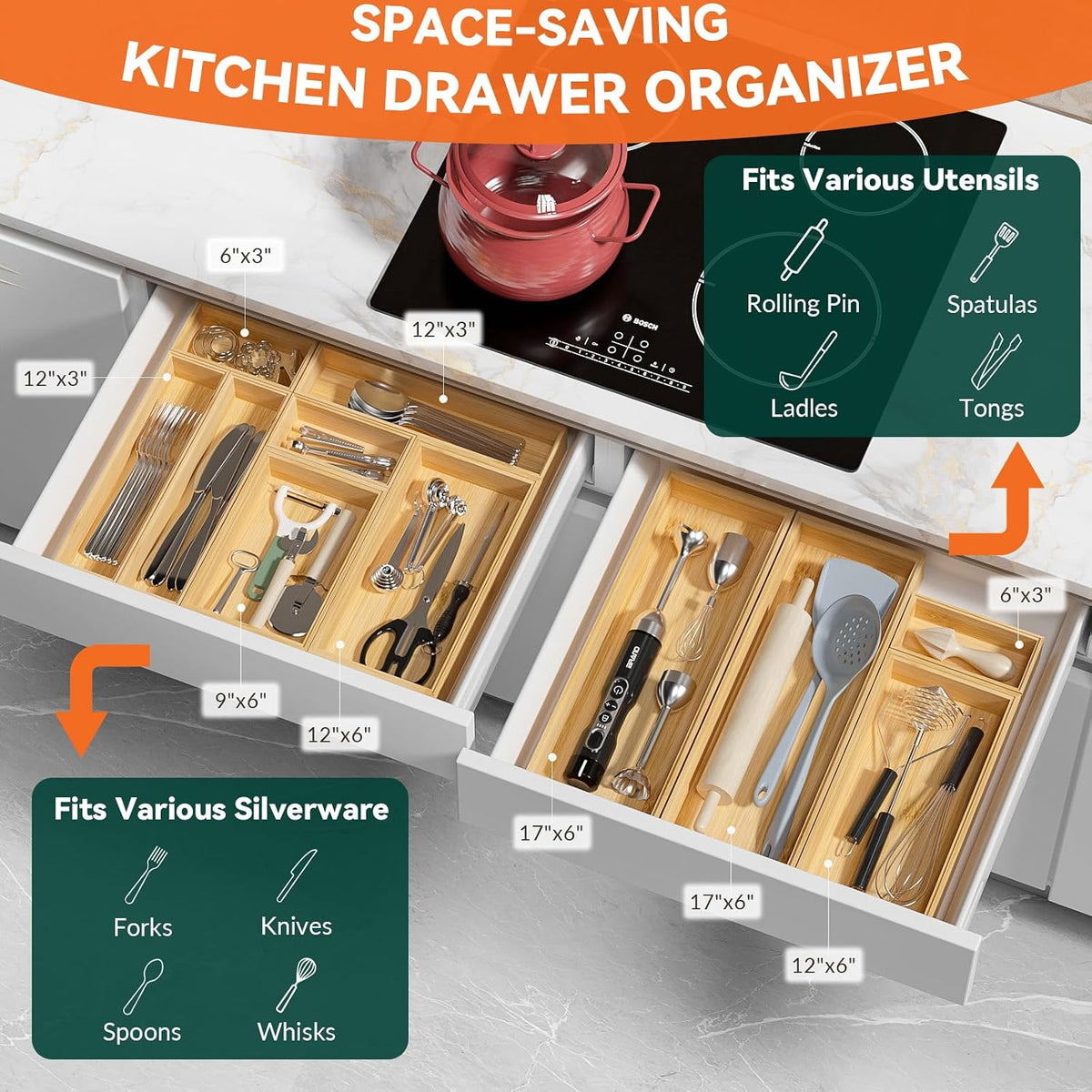 Lixple Bamboo Kitchen Drawer Organizer, 2 Pack, 15" x 6" x 2"