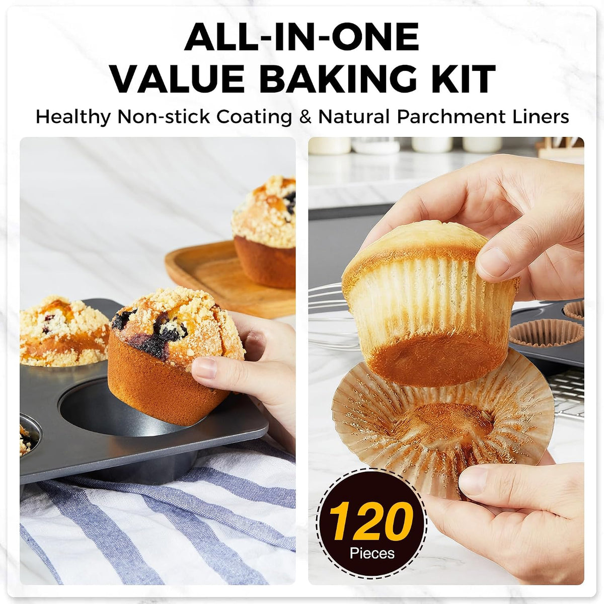Nonstick Jumbo Muffin Pan, 2 Pack Large Cupcake Tin with 120pcs Muffin Liners, Cup Cake Tray for Baking, 3.5dia, 6 Cup, Premium, Extra Thick