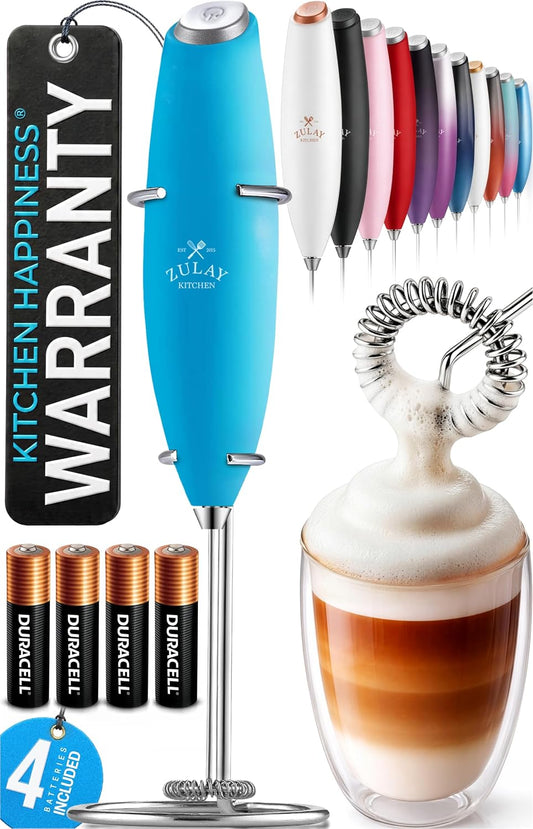 Zulay Kitchen Powerful Milk Frother Wand With Duracell Batteries - Ultra Fast Handheld Drink Mixer - Electric Whisk Foam Maker for Coffee, Lattes, Cappuccino &amp; Matcha - Z1 Motor - Blue Teal