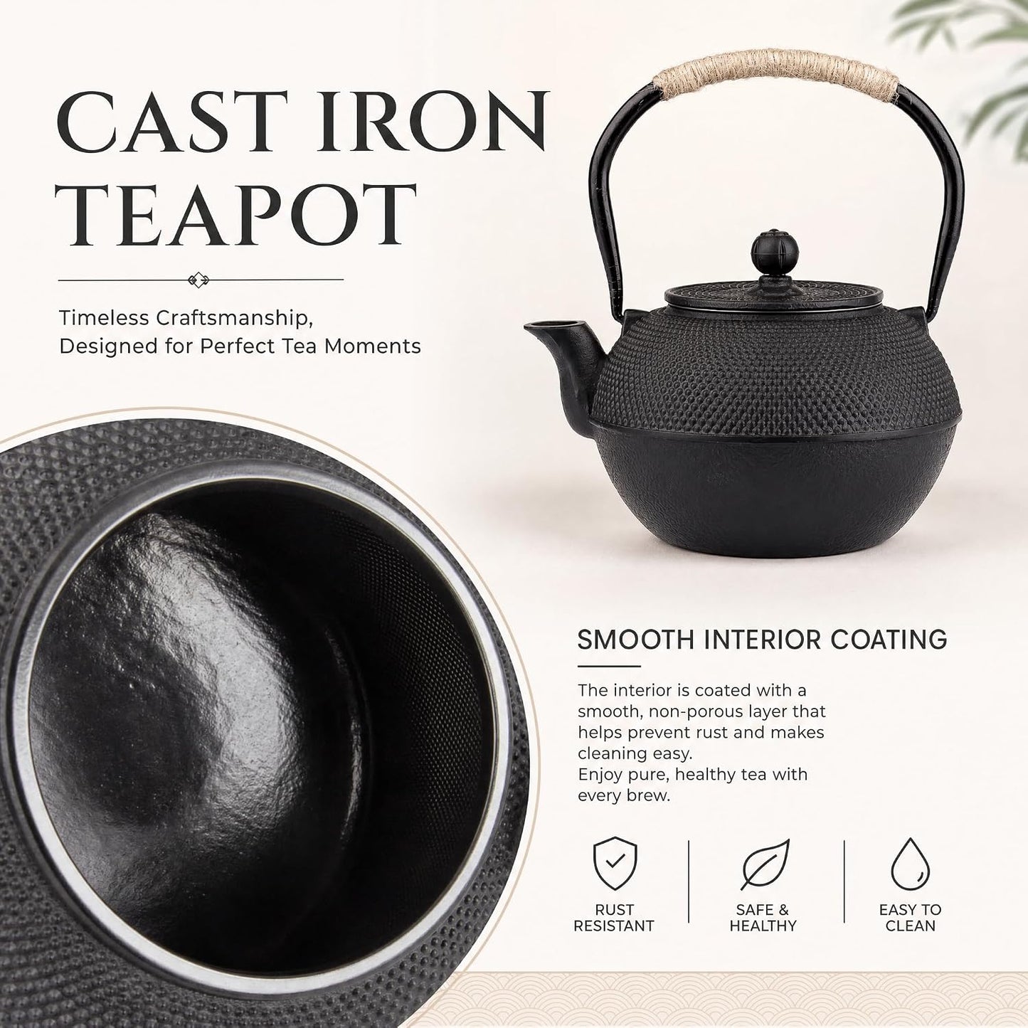 40oz Cast Iron Tea Kettle for Stovetop, Black Teapot with Infuser
