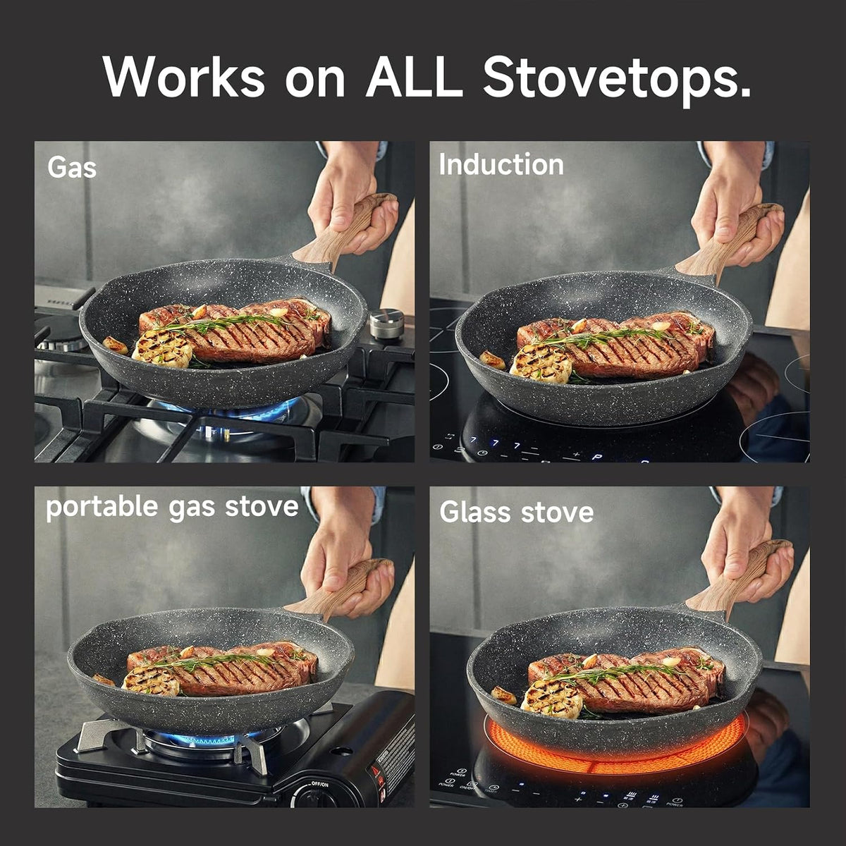 JEETEE 11 Inch Nonstick Frying Pan, Stone Coating Cookware, Nonstick Omelette Pan with Heat-Resistant Handle, Induction Skillet for Eggs (Grey)