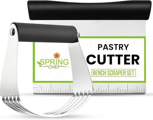 Spring Chef Dough Blender & Pastry Cutter Tool, Stainless Steel Pastry Blender & Bench Scraper for Pizza, Nut, Pie -