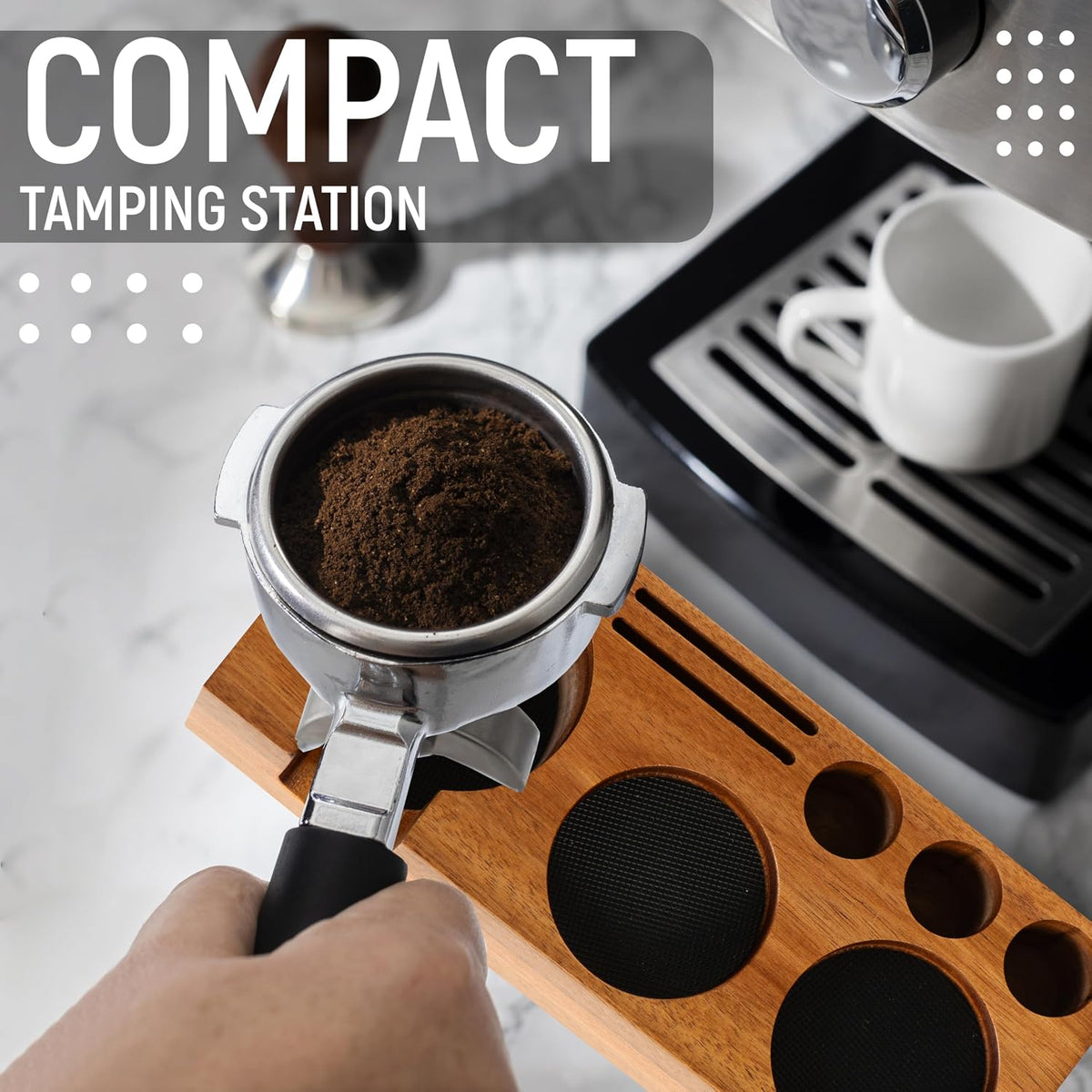 Espresso Tamping Station for 54 mm and 58 mm Portafilters | Acacia Wood Coffee Tool Organizer with Adjustable Support and Rubber Feet